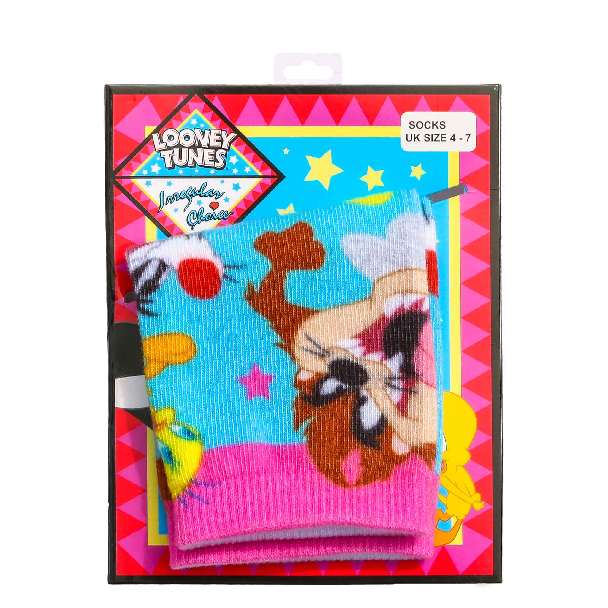 Bright blue socks with Looney Tunes characters Tweety Bird, Taz of Tasmania, Sylvester the Cat, Daffy Duck, and Bugs Bunny who are surrounded with pink stars and matching ankle band are pictured in their packet.
